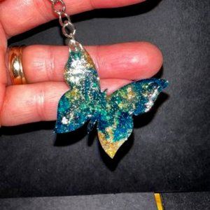Butterfly keychain, resin, blues & golds